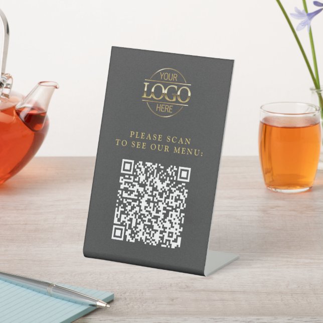 Modern Grey Custom Business Logo QR Code Menu  Pedestal Sign (In SItu)