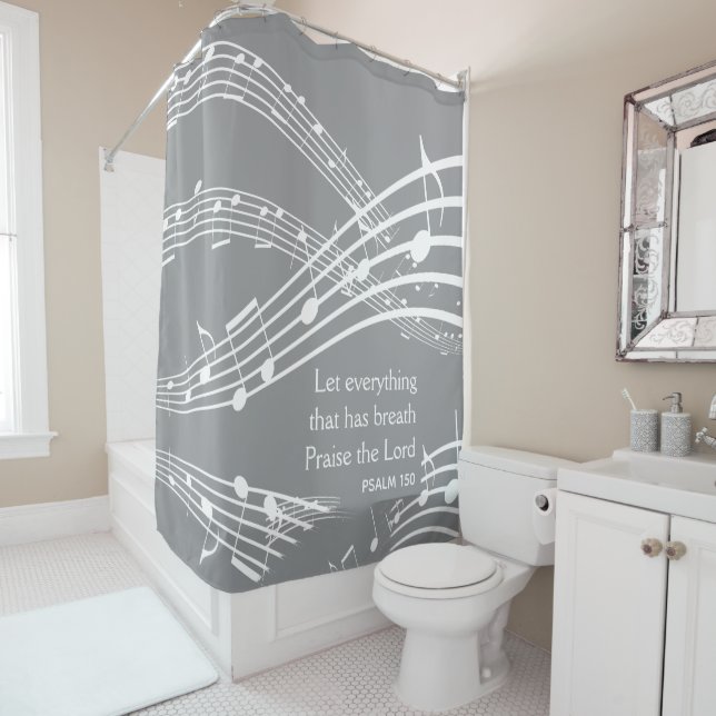 Modern Grey Custom Music Notes Shower Curtain (In Situ)