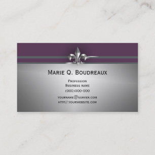 Modern Grey Eggplant Fleur de Lis Business Card