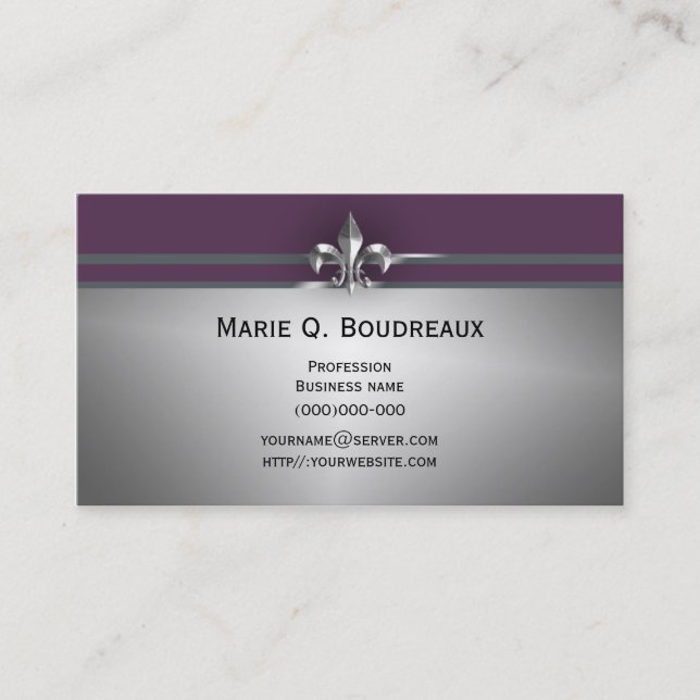 Modern Grey Eggplant Fleur de Lis Business Card (Front)