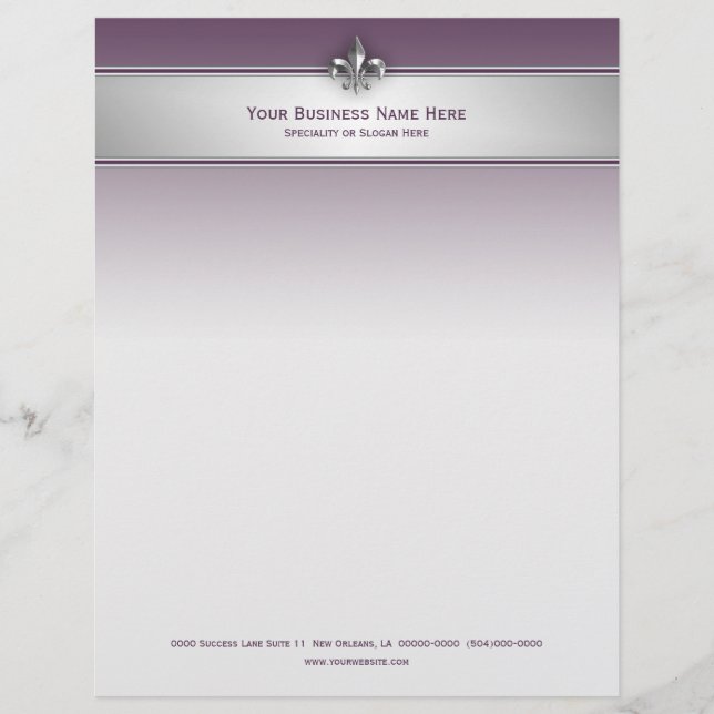 Modern Grey Eggplant Fleur de Lis Stripe Customized Letterhead (Front)