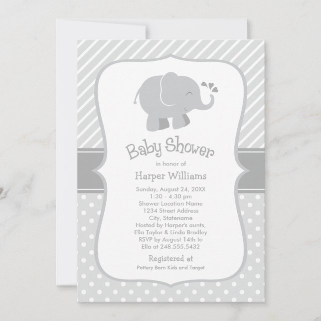 Modern Grey Elephant Neutral Baby Shower Invitation (Front)