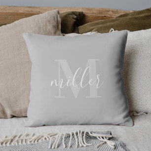 Modern Grey Family Name Monogram Cushion