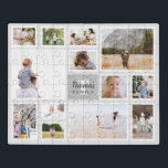 Modern Grey Family Photo Collage Montage Jigsaw Puzzle<br><div class="desc">This unique and modern grey family photo collage puzzle features a space for you to add your own thirteen photos, and add a name and initial. This trendy and simple personalised monochrome photograph montage design is the perfect keepsake gift for any mother, grandmother, or other family member who loves putting...</div>
