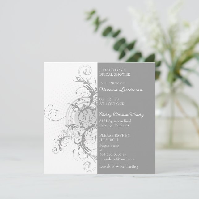 Modern Grey Floral Bridal Shower Invitation (Standing Front)