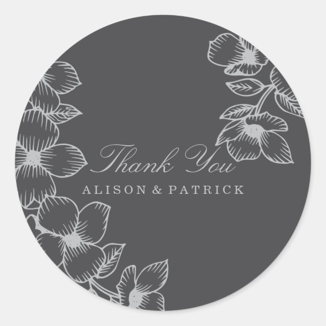 Modern Grey Floral Thank You Stickers (Front)