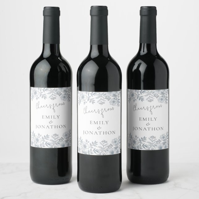 Modern Grey Florals Cheers From Newlyweds Wedding Wine Label (Bottles)
