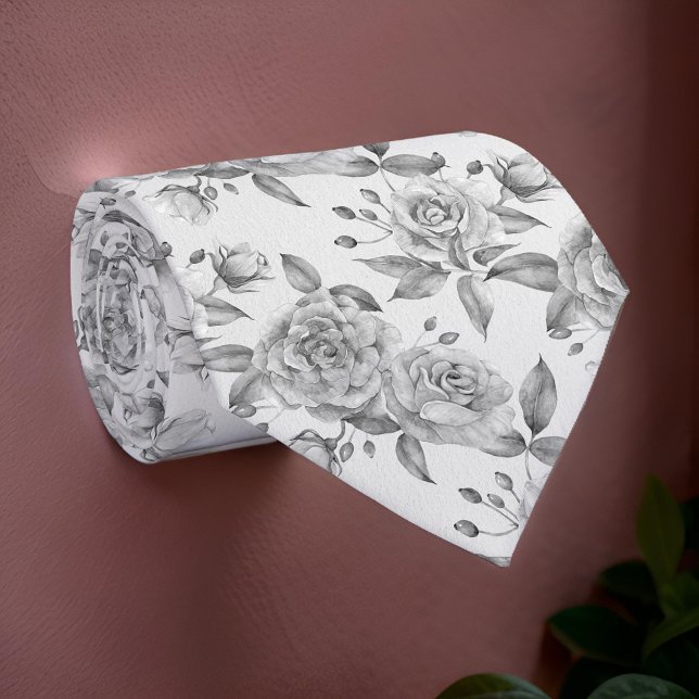 Modern Grey Flowers Elegant Roses Watercolor Tie (Creator Uploaded)