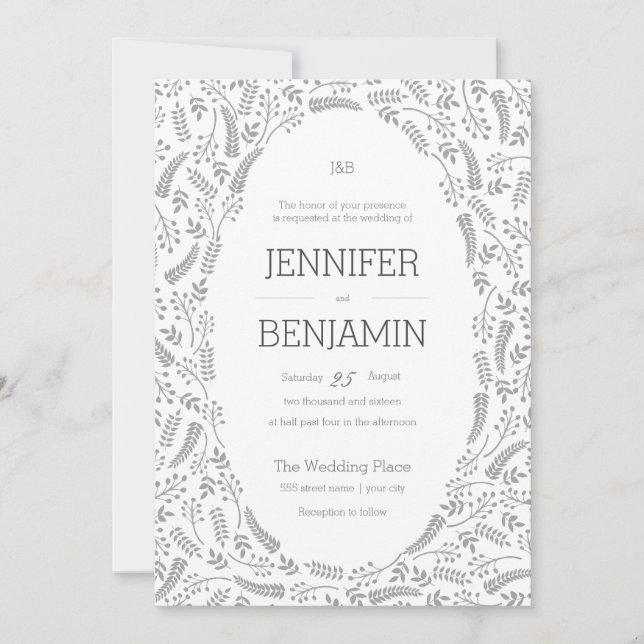 Modern Grey Foliage Wedding Invitation (Front)