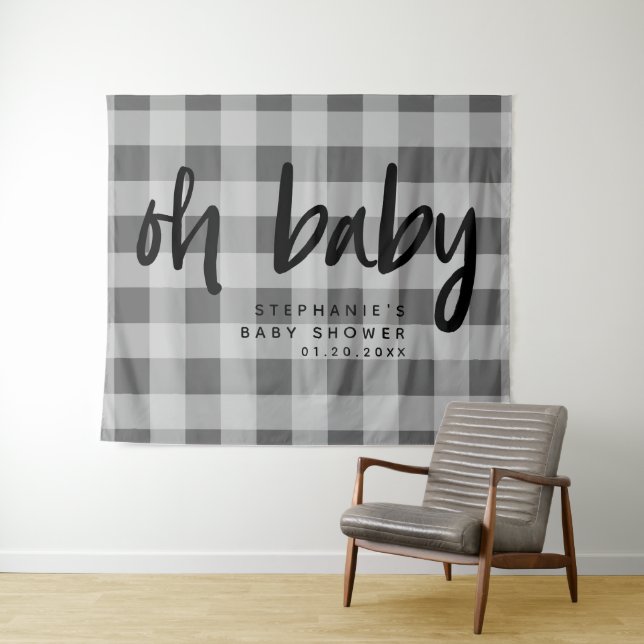 Modern Grey Gingham Baby Shower Backdrop Tapestry (In Situ (Horizontal))