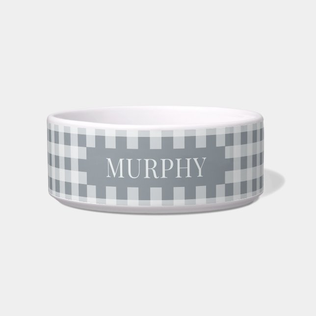Modern Grey Gingham Pattern Simple Custom Pet Name Bowl (Front)