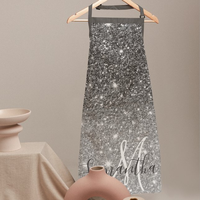 Modern Grey Glitter Sparkles Personalised Name Apron (Creator Uploaded)