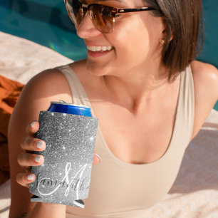 Modern Grey Glitter Sparkles Personalised Name Can Cooler