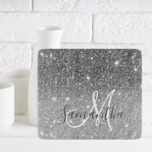 Modern Grey Glitter Sparkles Personalised Name Cutting Board