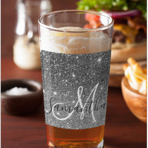 Modern Grey Glitter Sparkles Personalised Name Glass