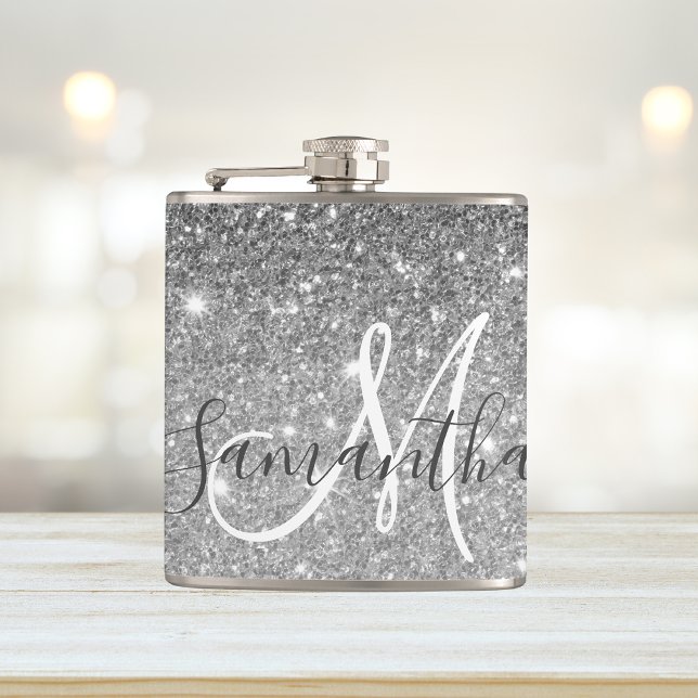 Modern Grey Glitter Sparkles Personalised Name Hip Flask (Creator Uploaded)