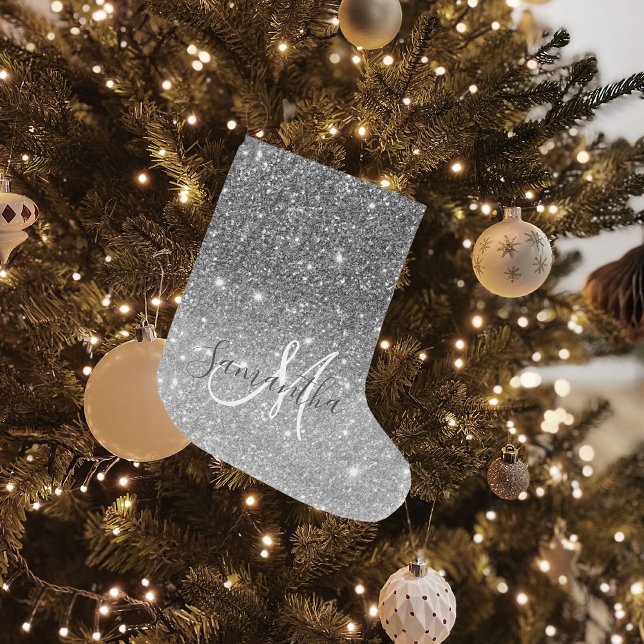 Modern Grey Glitter Sparkles Personalised Name Large Christmas Stocking (Creator Uploaded)