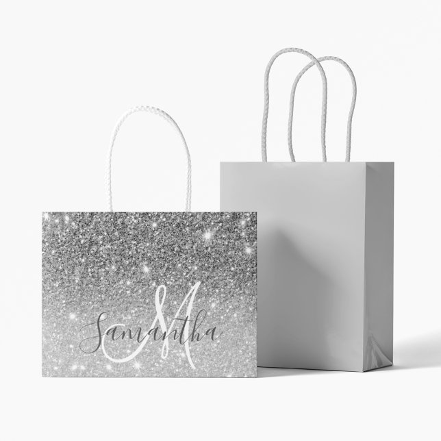 Modern Grey Glitter Sparkles Personalised Name Large Gift Bag (Creator Uploaded)