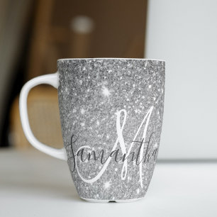 Modern Grey Glitter Sparkles Personalised Name Latte Mug