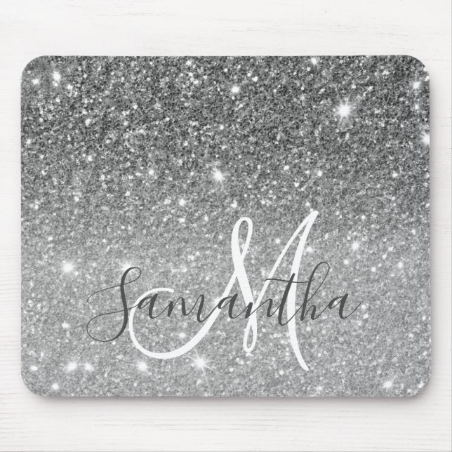 Modern Grey Glitter Sparkles Personalised Name Mouse Mat (Front)