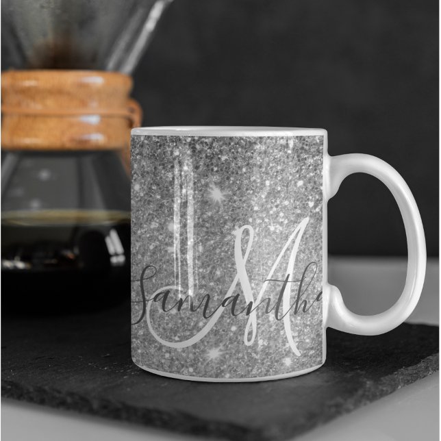 Modern Grey Glitter Sparkles Personalised Name Mug (Creator Uploaded)