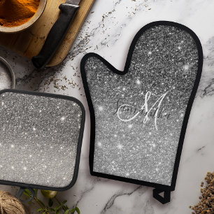 Modern Grey Glitter Sparkles Personalised Name Oven Mitt & Pot Holder Set