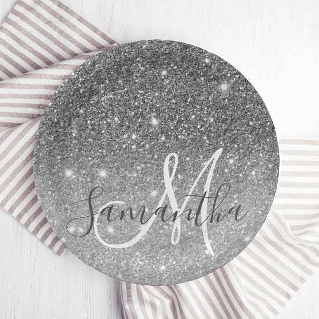 Modern Grey Glitter Sparkles Personalised Name Paper Plate (Creator Uploaded)