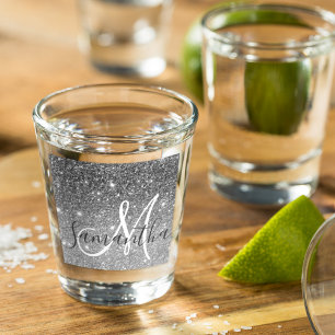 Modern Grey Glitter Sparkles Personalised Name Shot Glass