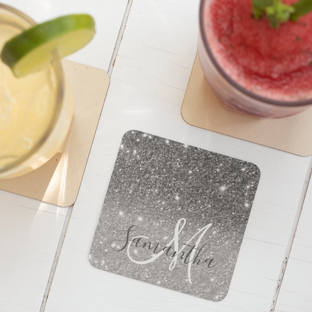 Modern Grey Glitter Sparkles Personalised Name Square Paper Coaster (Creator Uploaded)