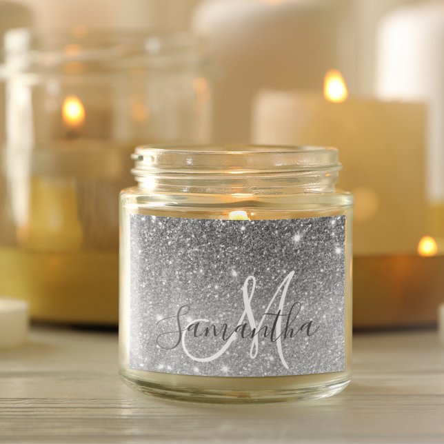 Modern Grey Glitter Sparkles Personalised Name Square Sticker (Creator Uploaded)