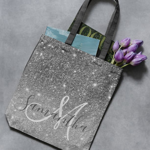 Modern Grey Glitter Sparkles Personalised Name Tote Bag