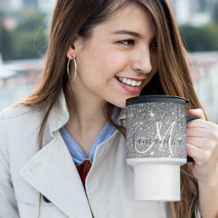 Modern Grey Glitter Sparkles Personalised Name Travel Mug