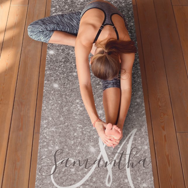 Modern Grey Glitter Sparkles Personalised Name Yoga Mat (Creator Uploaded)