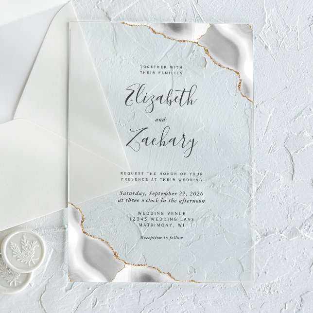 Modern Grey Gold Agate Corners Wedding Acrylic Invitations (Creator Uploaded)