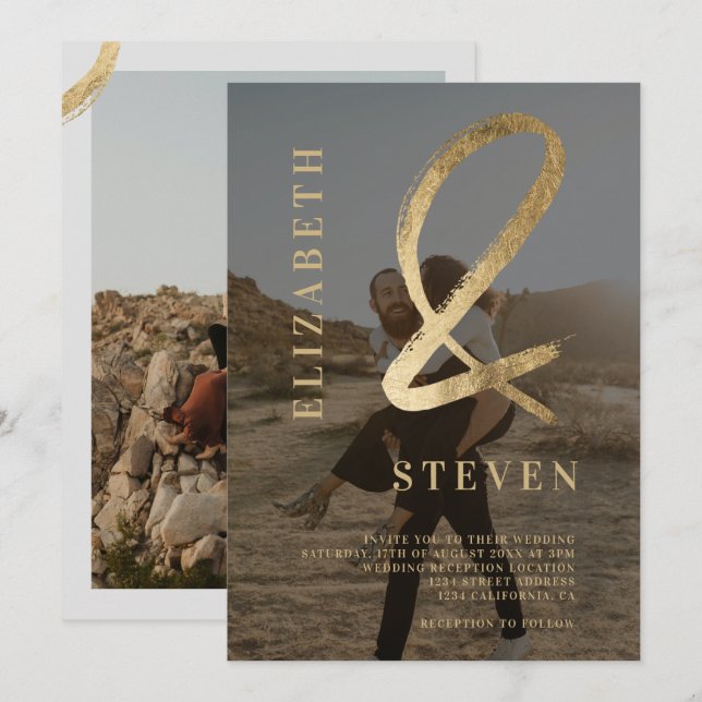 Modern grey gold ampersand names 2 photo wedding invitation (Front/Back)