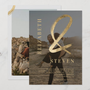 Modern grey gold ampersand names 2 photo wedding invitation