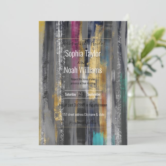 Modern Grey Gold Brushstrokes Abstract Painting (Standing Front)