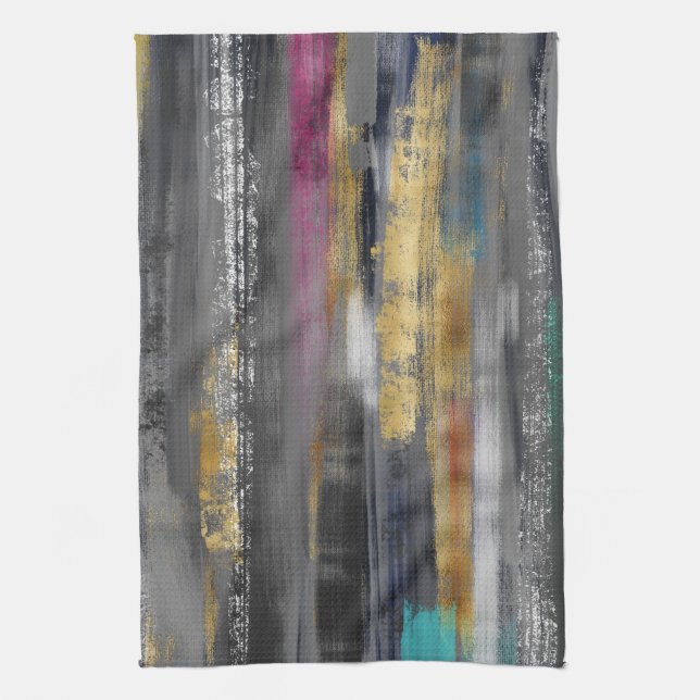 Modern Grey Gold Brushstrokes Abstract Painting Tea Towel (Vertical)