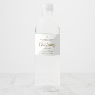 Modern Grey Gold Christening Script Thank You Water Bottle Label