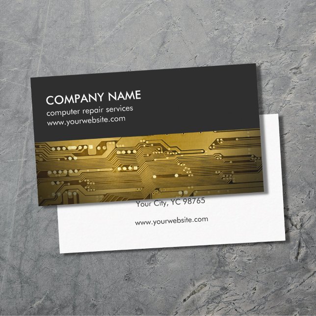 Modern Grey Gold Circuit Board Computer Repair Business Card (Creator Uploaded)