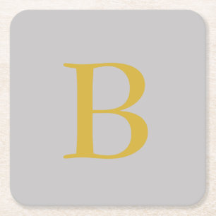 Modern Grey Gold Colour Monogram Add Name Initial Square Paper Coaster