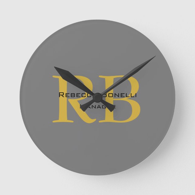 Modern Grey Gold Colour Monogram Add Name Initials Round Clock (Front)