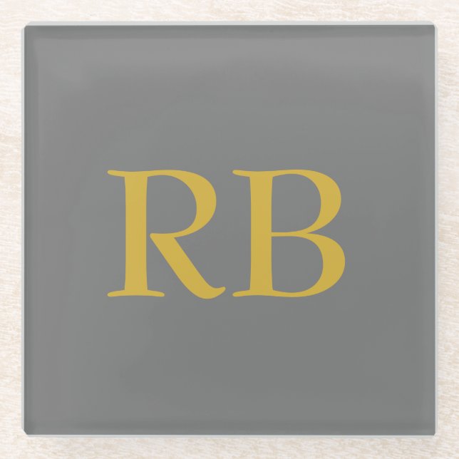 Modern Grey Gold Colour Monogram Initials Glass Coaster (Front)