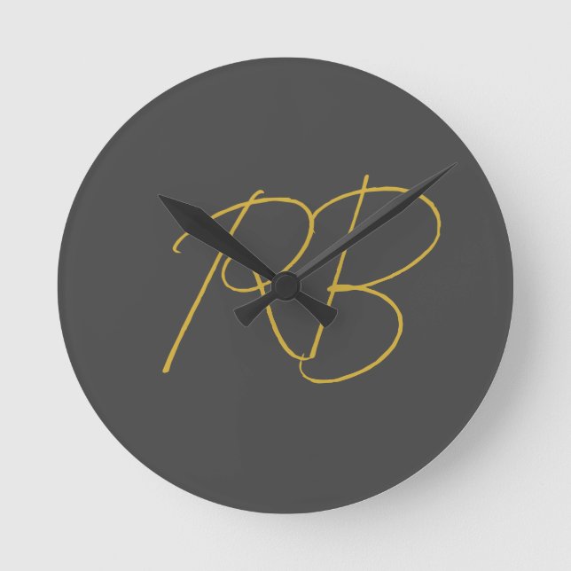 Modern Grey Gold Colour Monogram Initials Round Clock (Front)