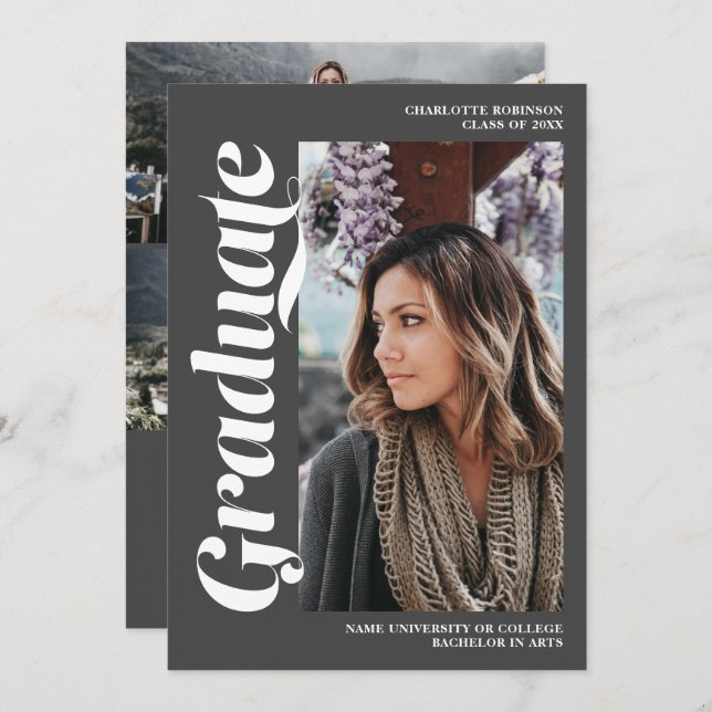 Modern grey graduate script photo graduation invitation (Front/Back)