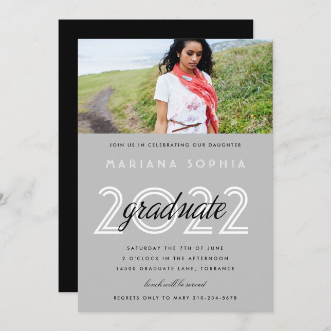 Modern Grey Graduation Photo Invitation (Front/Back)