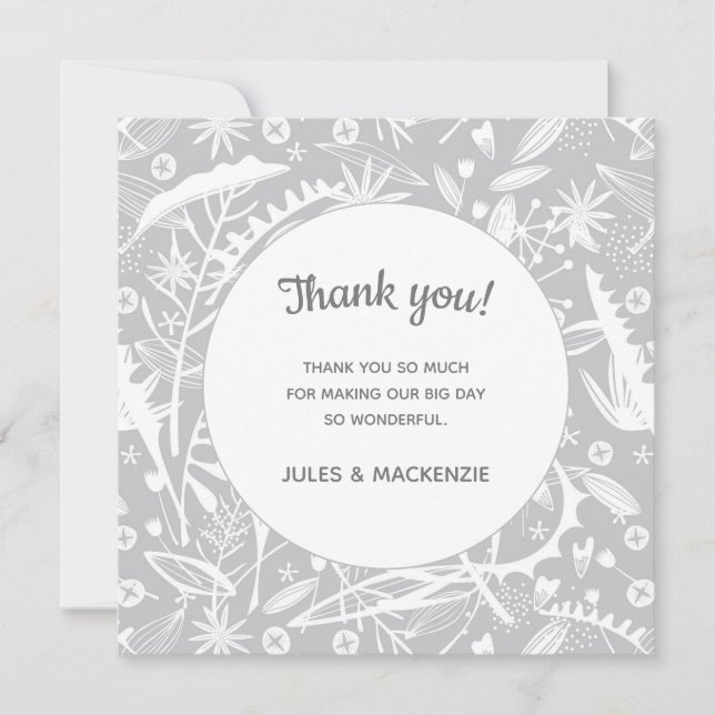 Modern Grey Graphic Floral Wedding Thank You Card (Front)