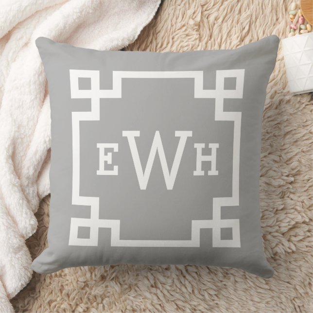 Modern Grey Greek Key Custom Monogram Cushion (Blanket)