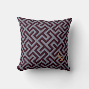 Modern grey greek key geometric patterns monogram cushion
