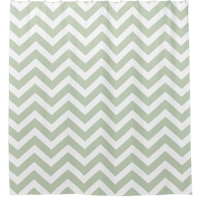 Modern Grey/Green and White Chevron Striped Shower Curtain (Front)
